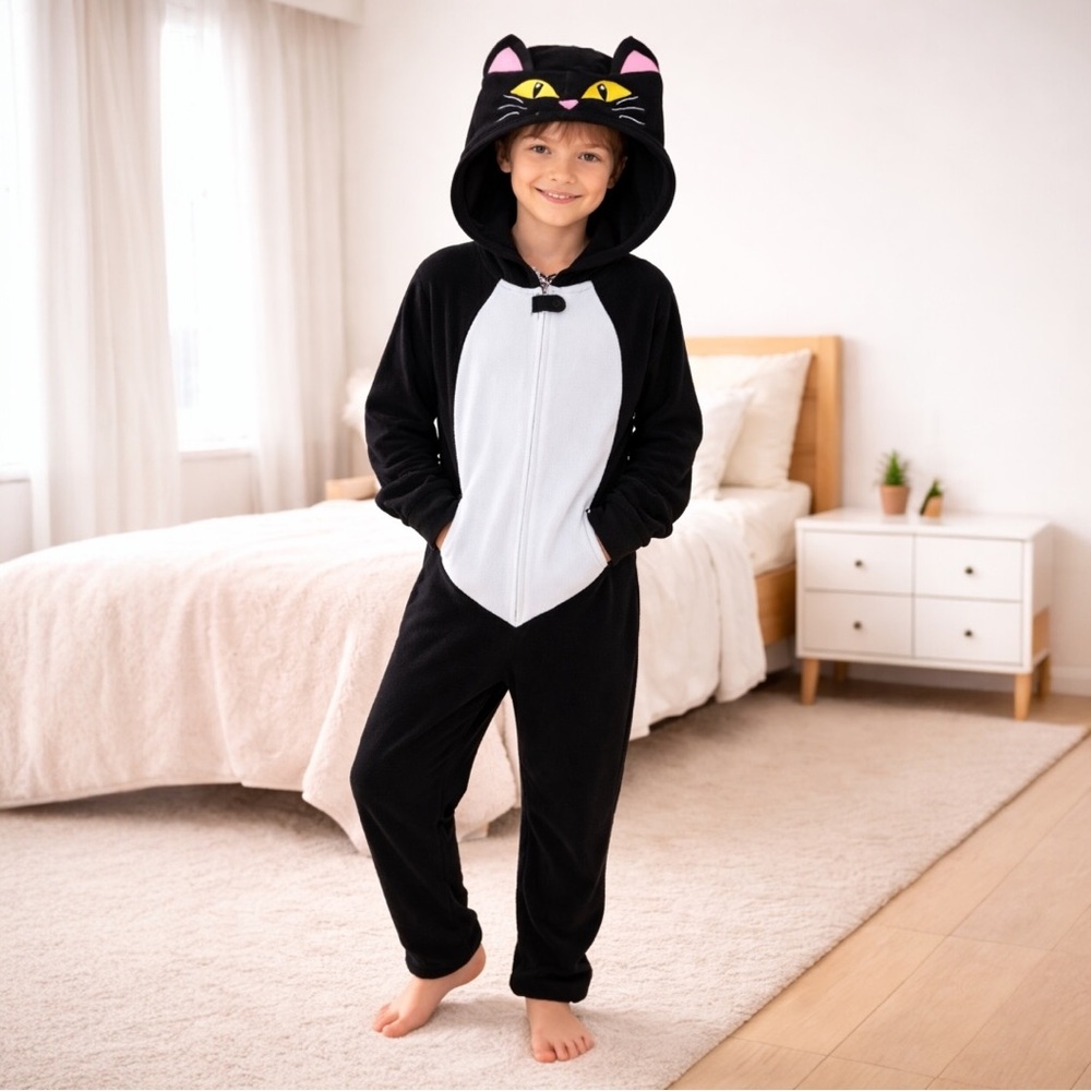Under Disguise Black Cat Hooded One Piece Boys Size 10/12 Fleece Pajama